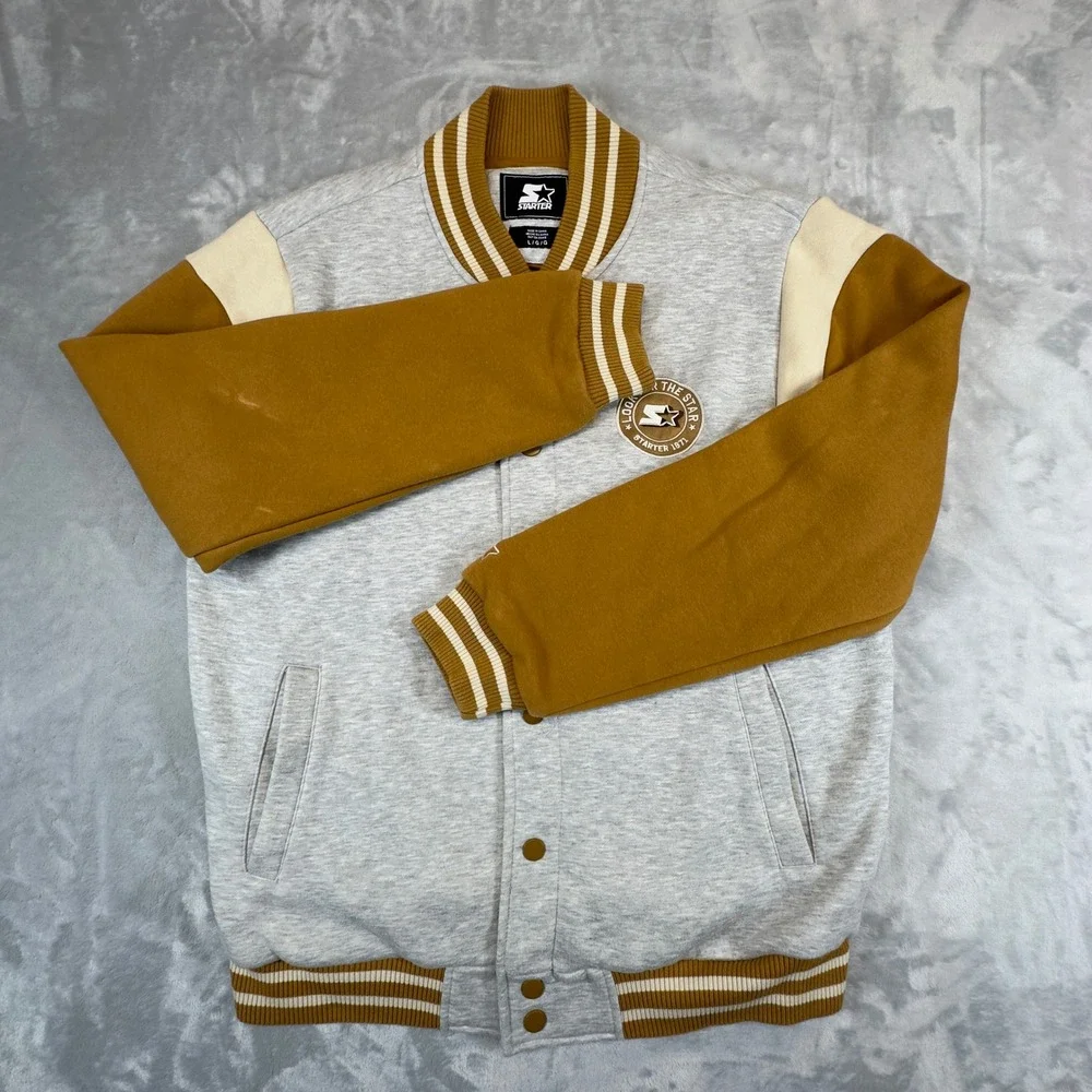 Starter Since 1971 Varsity Bomber Jacket Large Gray Mustard Gold Snap Look Star